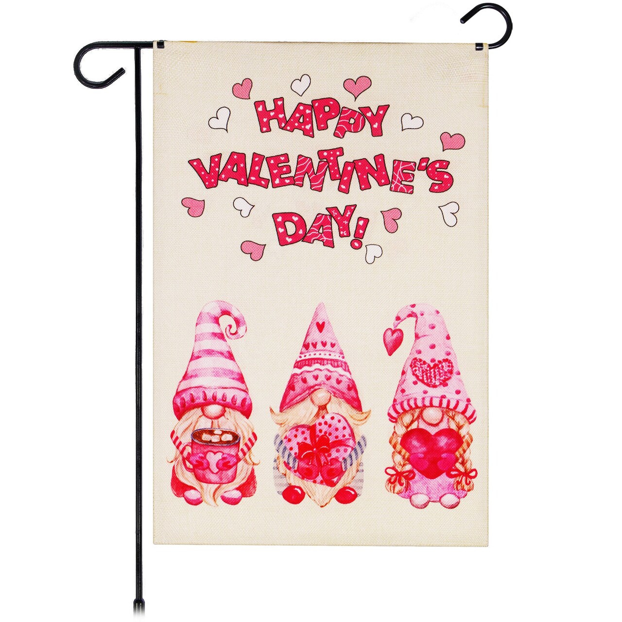 G128 Garden Flag Happy Valentine's Day Three Pink Hat Gnomes 12"x18" Burlap Fabric